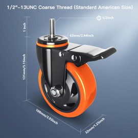 4 Inch Stem Caster Wheels Heavy Duty with Dual Locking 2000Lbs, Threaded Stem Casters 1/2" -13 x 1, Swivel Industrial Casters Set of 4, Wheels for Cart and Furniture