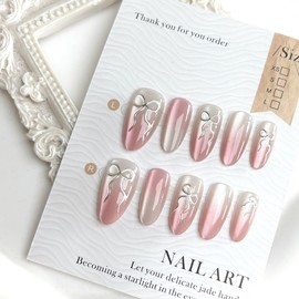 30Pcs Long Almond Press on Nails Bow False Nails Gradient Fake Nails Silver Bow Design Gradient Glitter Glossy Glue on Nail Cute Full Cover Stick on Nail for Women Decor Manicure Accessories