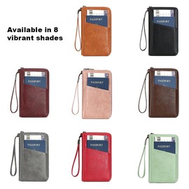 Passport Holder Wallet for Family | RFID Blocking | Travel Document Organizer Clutch Bag with Wristlet for Women Men (Green)