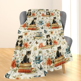 Ti Caldi Vintage Cat & Books Blanket, Soft Lightweight Flannel Throw for Couch, Bed, Travel, Living Room & Home Decor, Cozy Warm Fuzzy Blankets for Adults Women Men 60×50 in