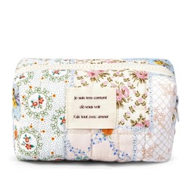 Makeup Bag Cute Large Travel Quilted Cosmetic Makeup Bag Organizer, Floral Cotton Aesthetic Toiletry Bag Storage Bag for Women Accessories (Blue, 8 * 14 * 8CM)