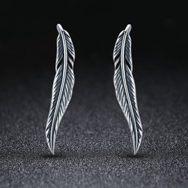 Feather 925 Sterling Silver Ear Cuff Wrap Earrings for Women Girls Pierced ears Crawler Climber Hypoallergenic