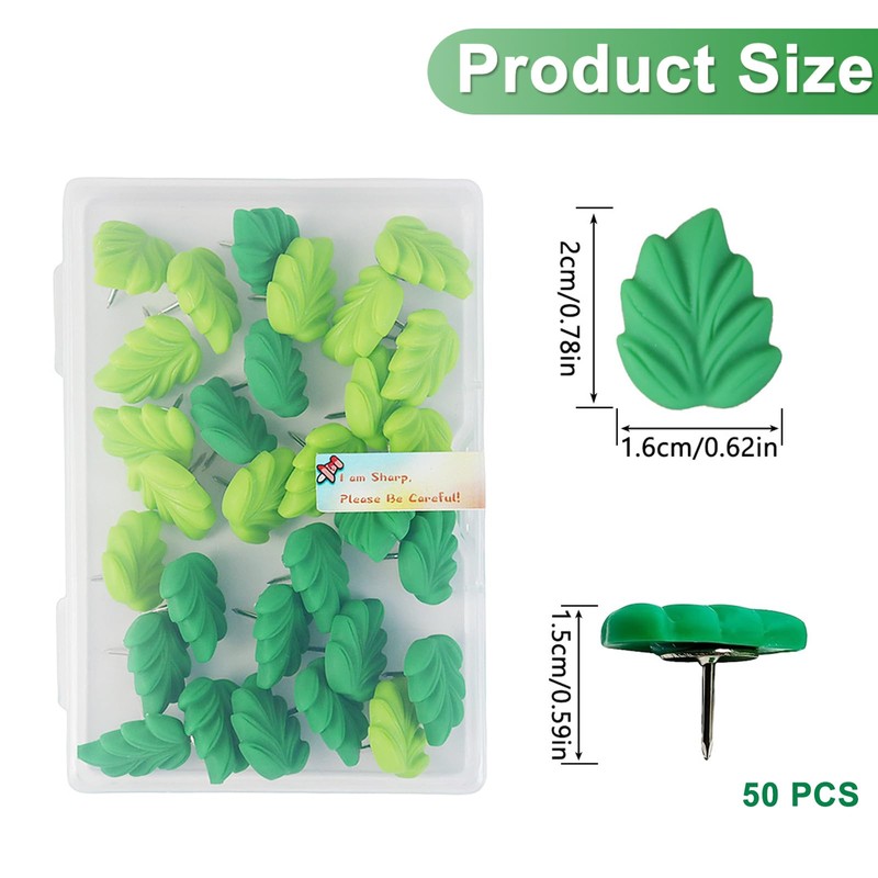 Leaves Push Pins, 50 Pcs Green Leaf Thumb Tacks Decorative