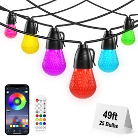 Outdoor String Lights, 49FT RGB Patio Lights with IP66 Waterproof 25 Bulbs,Outdoor String Lights for Outside with App & Remote, Color Changing String Lights for Garden Yard Porch Party Decor