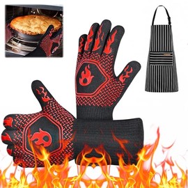 Guantes de Barbacoa, Guantes Resistentes al Calor para Asar 800 °C / 1472 °F, Guantes para Horno, Viene con Delantal, Guante Cocina Silicon para Barba