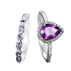 SSZUKOOU 2Pcs 925 Sterling Silver Womens Purple 3Ct CZ Engagement Rings 925 Sterling Silver Shining Amethyst Ring Tear Drop Shape Cubic Zirconia Promise Rings Set, US 9, Zirconia,925 Sterling