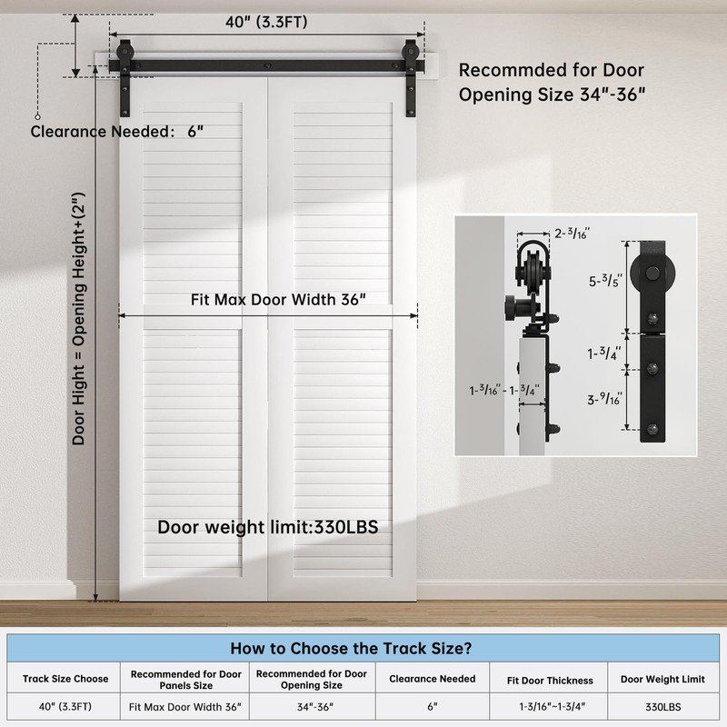 BONIKLUBA 40" Bi-Folding Sliding Barn Door Hardware Track Kit,Smoothly&Quietly,Side Mounted