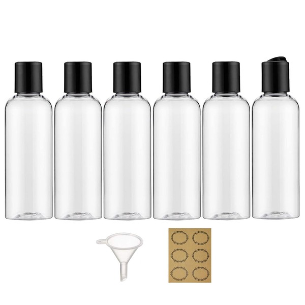Apstaqeoo Pack of 6 100 ml Plastic Bottles with Disc Lids Flip Top Empty Squeeze Bottles Refillable Travel Container Dosage with 1 Funnel 6 Labels TSA Approved for Liquid