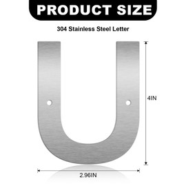 4 Inch Floating House Numbers and Metal Letters for Outdoor Signs, Modern 304 Stainless Steel Silver Address Numbers for Home, Apartment, and Garden Decor (Letter U)