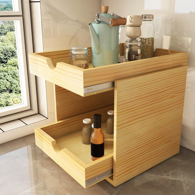 2 Tier Pull Out Cabinet Organizer 14''W×21''D×16.2''H Heavy Duty Slide