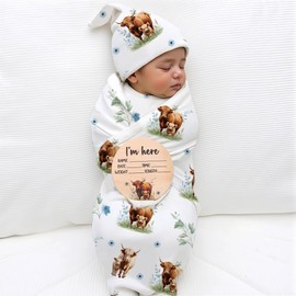 Ylsteed Highland Cow Baby Swaddle Blanket and Hat Set, Newborn Receiving Blanket Swaddle Wrap for Girls and Boys, Swaddling Neutral for Newborn，Soft and Skin-Friendly （Highland Cow Blue）