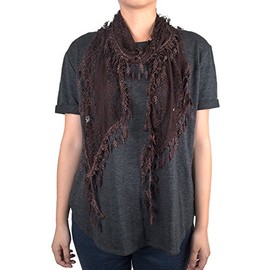 66" Long Lace Scarf with Pine Leaf Fringe (Mocha)