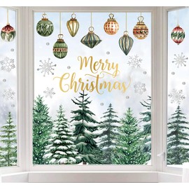JarThenaAMCS 9 Sheets Christmas Window Clings Snowflake Xmas Tree Ball Window Stickers Double-Sided Glass Decals for Home Classroom Office Party Decoration