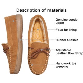 PEDOQU Men Slippers Moccasins Genuine Suede Upper Slippers House Warm Slipper Shoes Faux Fur Lining Memory Foam Rubber Sole Adjustable Shoelace for Indoor Outdoor Winter