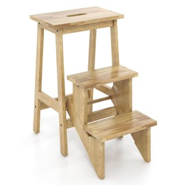 GLACER 3-Tier Folding Step Stool, Portable Wood Step Ladder for Adults & Kids, 3-in-1 Storage Shelf Flower Rack Foot Stool, Ideal for Home, Kitchen, Library (Natural)