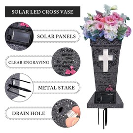 Solar Cemetery Vase with LED Cross Lamp Memorial Flower Holder with Spike Headstones Vases Gravestone Garden Decorations Condolence Gifts for Loss of Loved One
