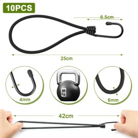 DRERIO Bungee Cords with Hooks 10 Pcs Small Elastic Straps 25 cm Heavy Duty Bungee Straps with Metal Hooks, Black Elastic Straps Short Bundy Cord for Tarpaulins, Tents, Hiking, Climbing (Black)
