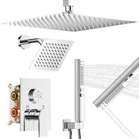 ZETETA Shower Faucet Set, 3-Setting Push Button Polish Chrome Shower System, 12 Inch Ceiling Mounted Shower Head, 6 Inch Wall Mounted Rain Shower Head with 2 in 1 Handheld Spray, Shower Valve Trim Kit