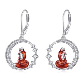 Fox Earrings Gifts Sterling Silver Cute Fox on The Moon Dangle Earrings Leverback Jewelry Gifts for Women Teen