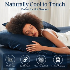 Madison Park Essentials Set of 2 Satin King Pillowcase for Hair & Skin, Luxuriously Soft, Silky with Natural Sheen Luster, Cool to Touch, Wrinkle-Free, Machine Washable, King Midnight Blue 2 Piece