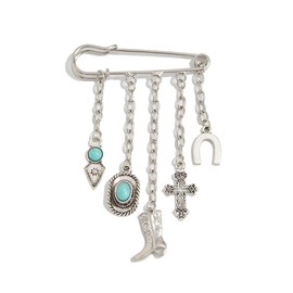Vintage Turquoise Tassel Brooch for Women Unisex Punk Cowboy Hat Boot Y2K Safety Shawl Jeans Pants Pins Bohemian Lucky Horseshoe Cross Statement Accessories Jewelry