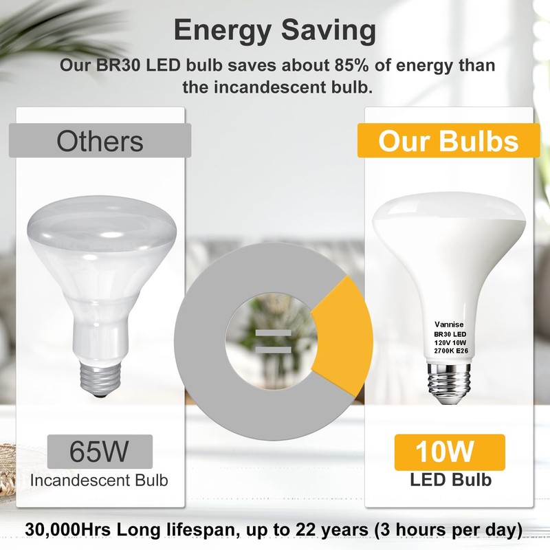 Vannise BR30 Recessed Light Bulbs Dimmable Warm White 2700K, 6PCS