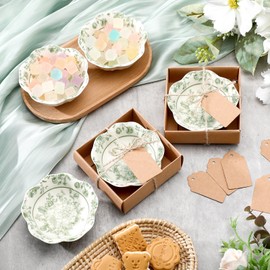 SiliFine 12 Pcs Wedding Favors for Guests Small Ceramic Bowl Bulk Gifts Set 3.3 Inch Floral Design Mini Dipping Bowl Sauce Dish with Cards Box for Bridal Baby Shower Birthday Guest Gift (Sage Green)