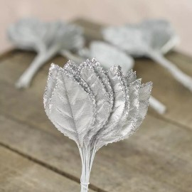 Factory Direct Craft Silver Glitter Trimmed Rose Leaves
