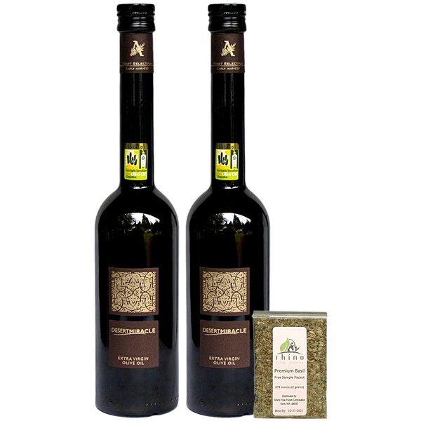 Atlas Olive Oils SARL, Desert Miracle Extra Virgin Olive Oil (Organic), Ultra-Premium (Pack of 2), Imported from Morocco, (500 ml) 17 fl oz (each) + Includes-Free Basil from Rhino Fine Foods .071 oz