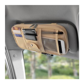 TSUGAMI Car Sun Visor Organizer, PU Leather Vehicle Sunshade Storage Pouch Holder with Multi-Pocket Net Zipper, Auto Interior Organization for Cards Pens Sunglasses, Universal Fit (Beige)