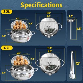 Deep Fryer Pot（°F），304 Stainless Steel Pot for Fried chicken French Fries, Japanese Tempura Deep Frying Pan with Lid, Oil Fryer Pot with Thermometer，Freidora de Aceite，108 oz/3.2L