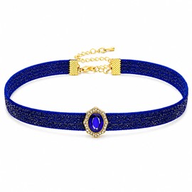AnalysisyLove Blue Velvet Rhinestone Pendant Choker Necklace for Women