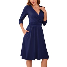 Women's Casual Dresses Vintage Wrap V-Neck 3/4 Sleeve Fit and Flare Midi Dress Navyblue