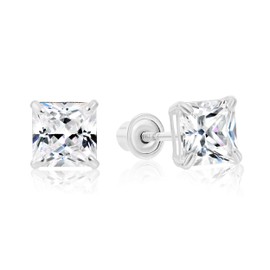 14k White Gold Solitaire Square Princess-cut CZ Stud Earrings with Secure Screw-backs (5mm)…