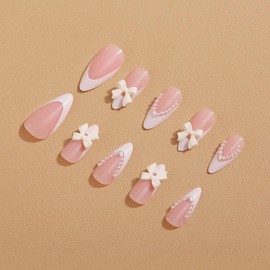 White French Tip Press on Nails Medium Almond Fake Nails with 3D Bow Pearls Designs Nude Nails Press ons Glossy Glue on Nails Cute Acrylic Nails Stick on Nails for Women 24Pcs