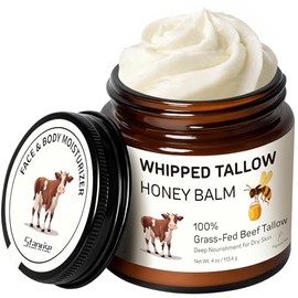 Beef Tallow for Skin, Grass Fed Whipped Tallow Honey Balm with Raw Honey, Shea Butter & Organic Jojoba Oil, Deeply Moisturizing Beef Tallow Face Cream & Body Balm for Dry, Sensitive Skin, 4 Oz