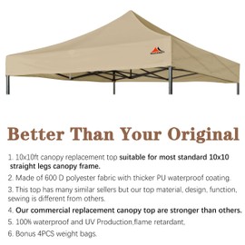 SCOCANOPY Commercial 10x10 Canopy Replacement Canopy Top,Canopy Cover ONLY (Khaki)