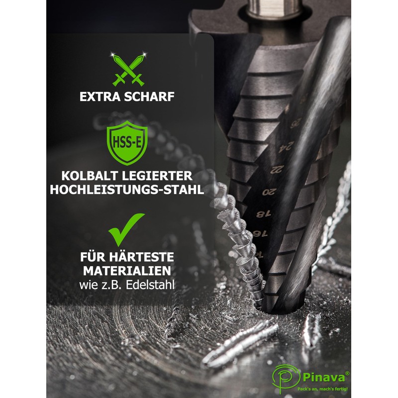 Pinava® Step Drill HSS Cobalt Pro 4XSPIRAL [Faster, Precise, Durable]