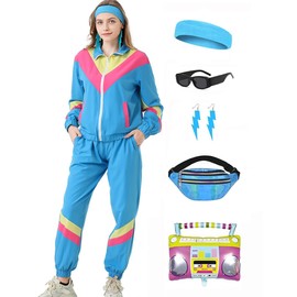 Coseaon 80s Tracksuit for Women Retro Windbreaker Outfit 90s Color Block Sportswear Set with Jacket Sweatpants (Blue, L)