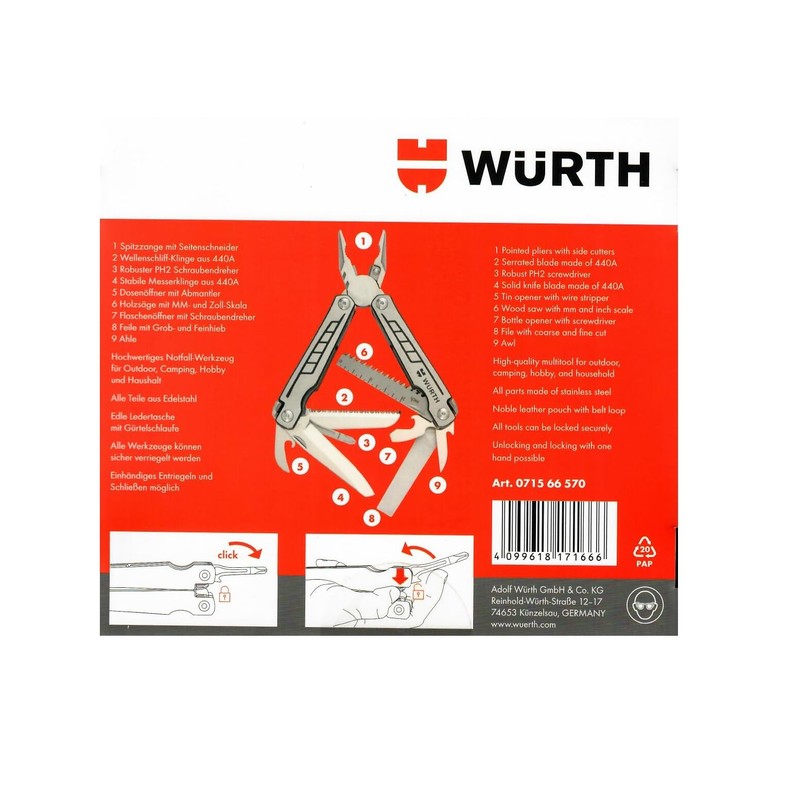 Würth Multitool with Leather Case Multifunctional Tool Set 2 Pieces