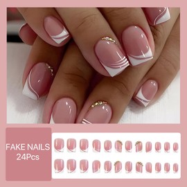 Square Press on Nails Short Fake Nails White French Tip False Nails Pink Acrylic Nails Press ons with Rhinestone Glossy Glue on Nails Full Cover Stick on Nails for Women Manicure Kit 24Pcs