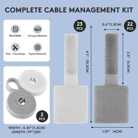 Adhesive Under Desk Cable Management Kit - 45 PCS Sticky Back Velcro Ties + 2 Rolls Extension Straps for No Drill Cord Organization, Home Office (Mixed Colors)