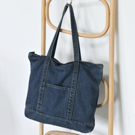 Hoxis Casual Denim Tote Bag with Zipper, A4 Large Capacity, Foldable, Ultra Lightweight Eco Bag, blue (dark)