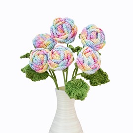 6PCS Handmade Woven Rainbow Rose Bouquet Yarn Crochet Knitted Colorful Artificial Flowers for Home Indoor Outdoor Party Decoration for Mother's Day, Christmas, Birthday, Wedding, Teacher's Day.