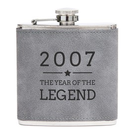 Engraved Grey Hip Flask - 2007 Year of The Legend Design - 18th Birthday Gifts for Boys - 6oz Leather Wrapped Canteen
