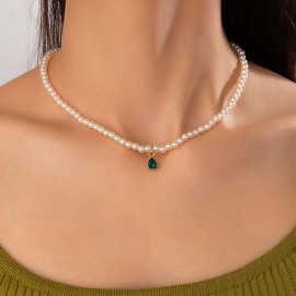 Cimenexe Bohemian Teardrop Crystal Emerald Choker Necklace Small Pearl CZ Pendant Necklace Round Pearl Collar Necklace Water Drop Emerald Pearl Necklace Jewellery for Women and Girls, Zinc, No