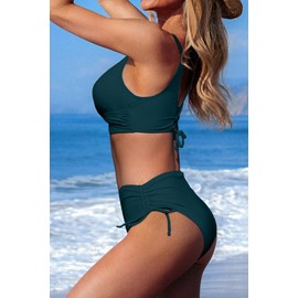 Bikini de cintura alta para mujer con lazo en la parte delantera, 2 piezas, verde azulado, M