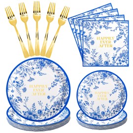 Crisky Floral Wedding Plates Disposable Bridal Shower Plates and Napkins Sets, Forks, Blue Paper Engagement Tableware Set for 24 Guests Bridal Shower Decorations Party Supplies (Happily Ever After)