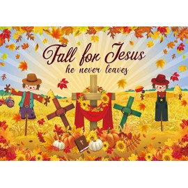 Fall for Jesus Backdrop Pumpkin Rice Fields Sunflowers Thanksgiving He Never Leaves Photography Background Autumn Harvest Party Christian Religious Party Supplies 7x5FT