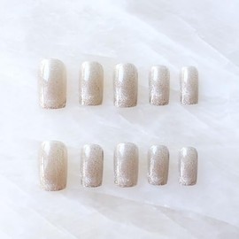 Cool Cat Eye Short Square Press On Nails for Daily Wear, Glossy, Matte (Silver Grey, 24 pcs)